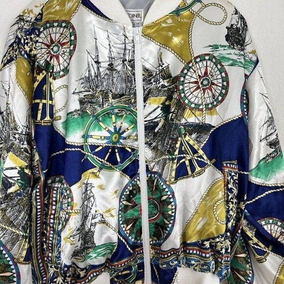 Casual Corner Vintage 80s Womens Satin Nautical Map Zip Up Bomber Jacket OS - Picture 5 of 11
